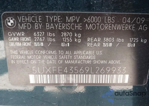 2009 BMW X5 xDrive30I из США, поврежденный, VIN 5UXFE43569L269933